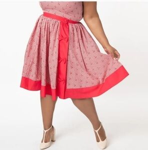 Unique Vintage Red Gingham Cherry Print Rye Swing Skirt, US 14 XL
